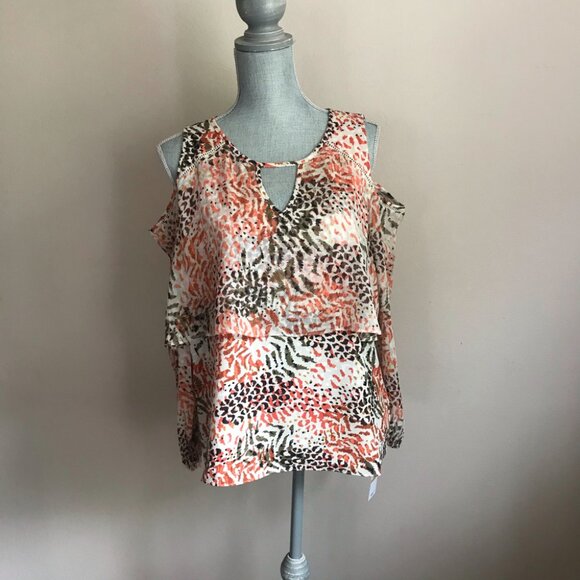 FEVER Animal Abstract Print Cold Shoulder Tiered Blouse - Size Small - Picture 1 of 10